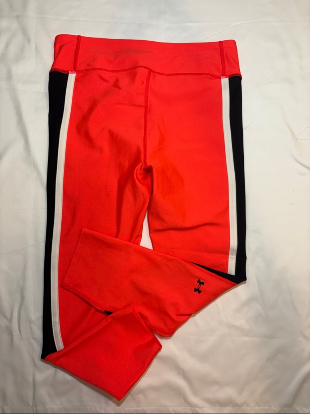 Bright Neon Coral Red Black and White Racing Stripe High Vis Running Leggings L
